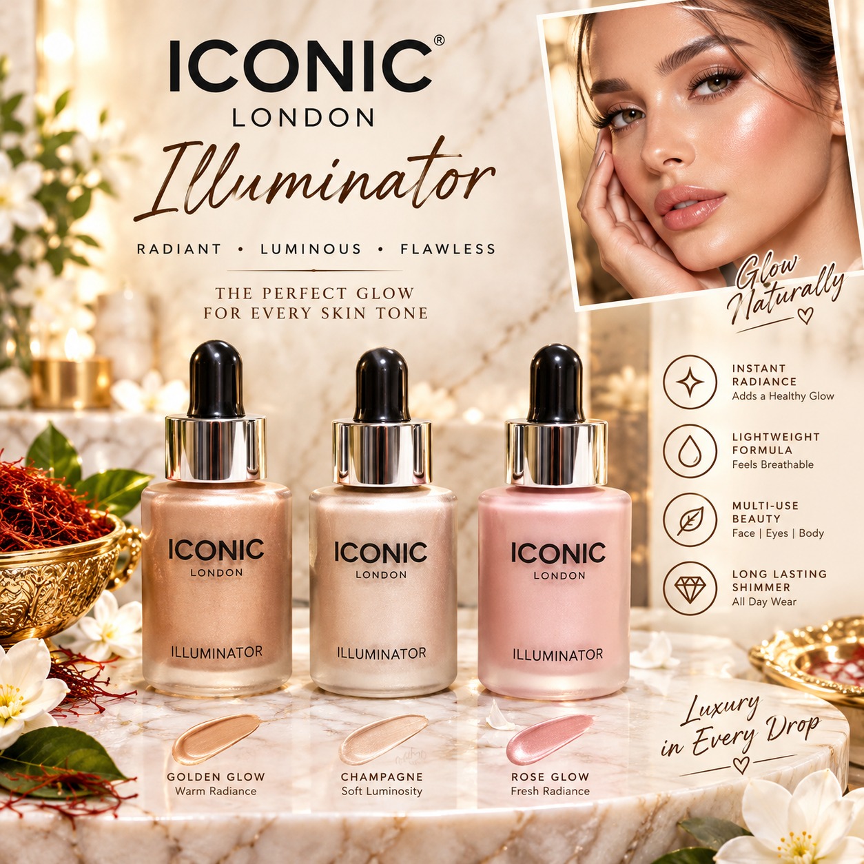 Iconic London Liquid Highlighter 3 Shades Shimmer Glow